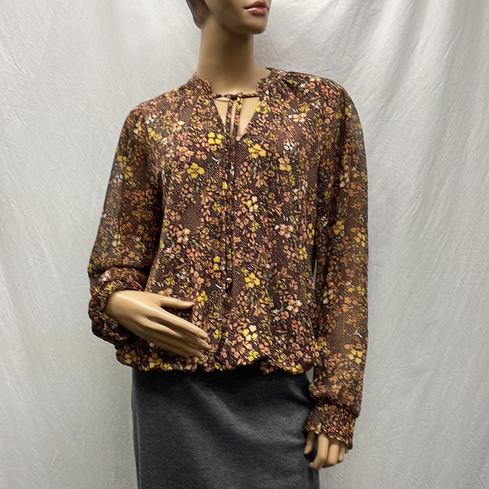 Cure Women's Brown & Gold Floral Pullover Blouse NWOT